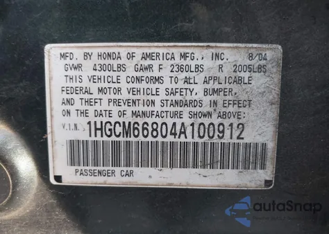 2004 Honda Accord 3.0 Ex z USA, uszkodzony, nr VIN 1HGCM66804A100912